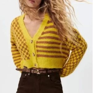 Zara yellow and brown checkered and striped oversized cropped sweater